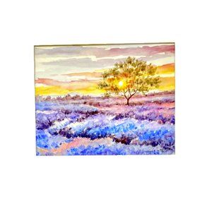 PAINTING WATERCOLOR ART ORIGINAL LANDSCAPE SUNSET LAVENDER BLUE 8X10 MAT 16X20